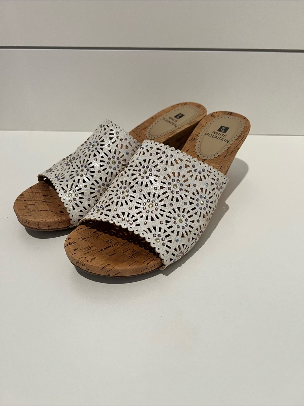White Mountain White Laser-Cut Cork Slide Mules